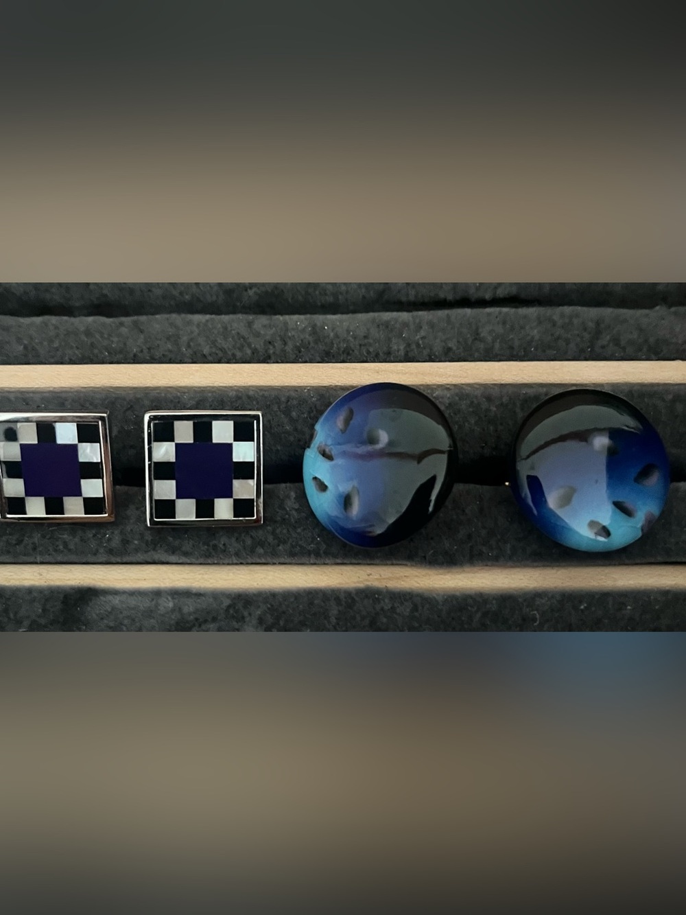 Two pair of unique Men's Blue Art glass and Square Cufflink Set